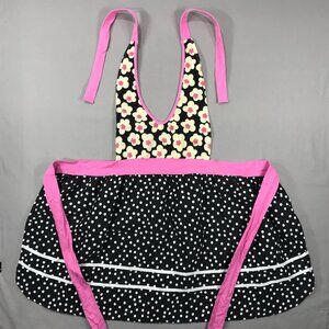Gourmet Club Apron Adjustable w/ Ties Pink & Black Polka Dot Flowers Retro Cook